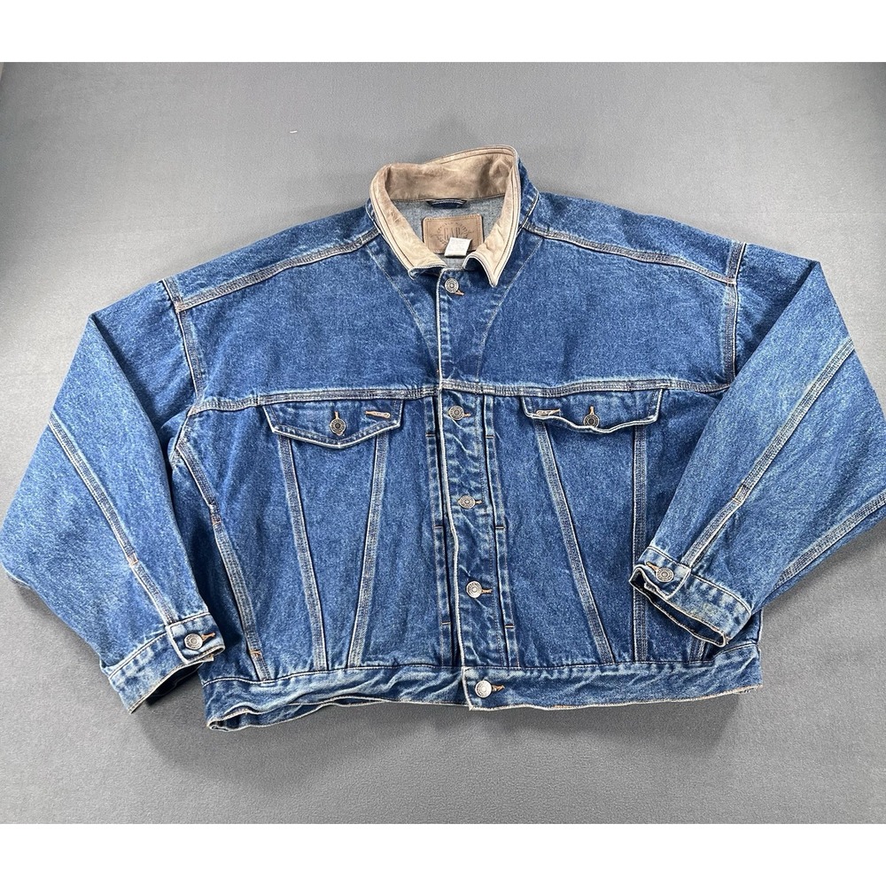 VTG 90s Old Gap Men's XL Denim Trucker Jacket Tan Leather Collar Oversized Boxy